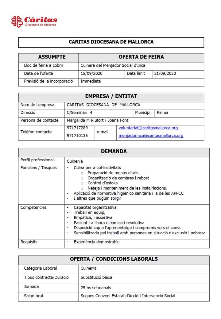 Oferta laboral (incorporació&nbsp;IMMEDIATA)